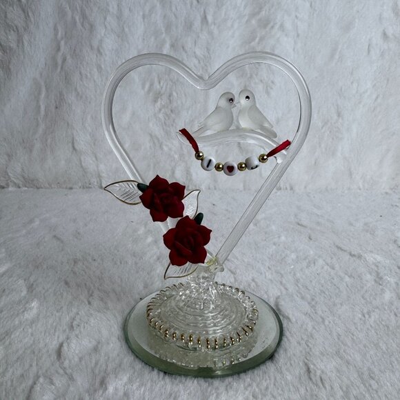 Glass Baron Other - Heart-Shaped Glass Figurine Love Birds Red Roses & "I ❤️ U" Beads By Glass Baron